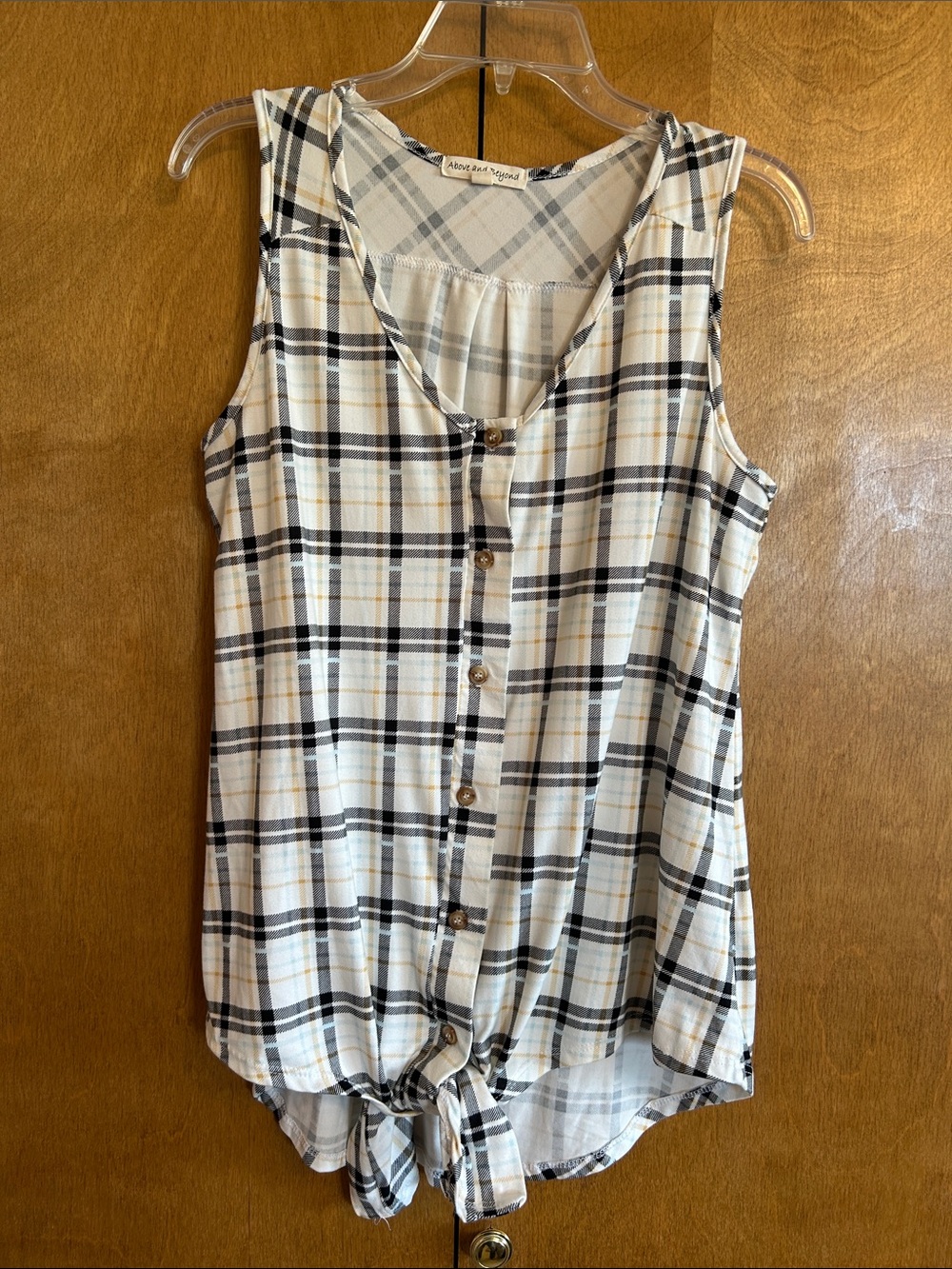 Above and Beyond Cream, Black & Tan Plaid Button-Front Tie Tank